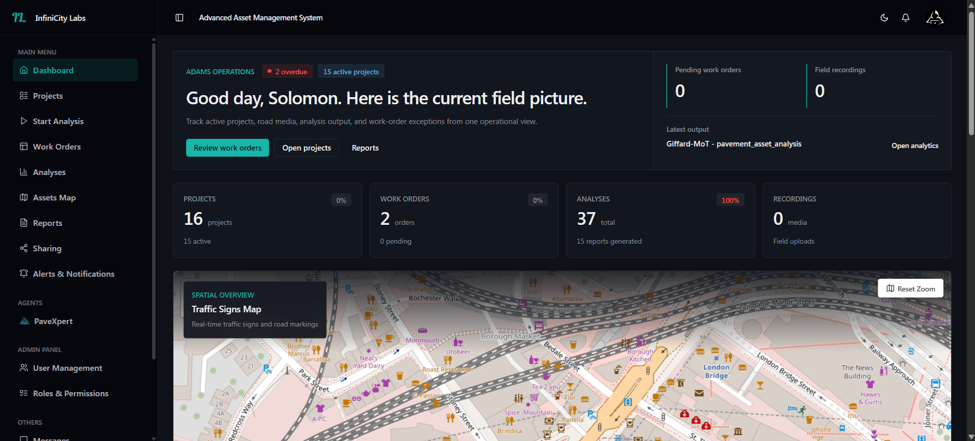 AdAMS operations dashboard showing active projects, work orders and a traffic signs map