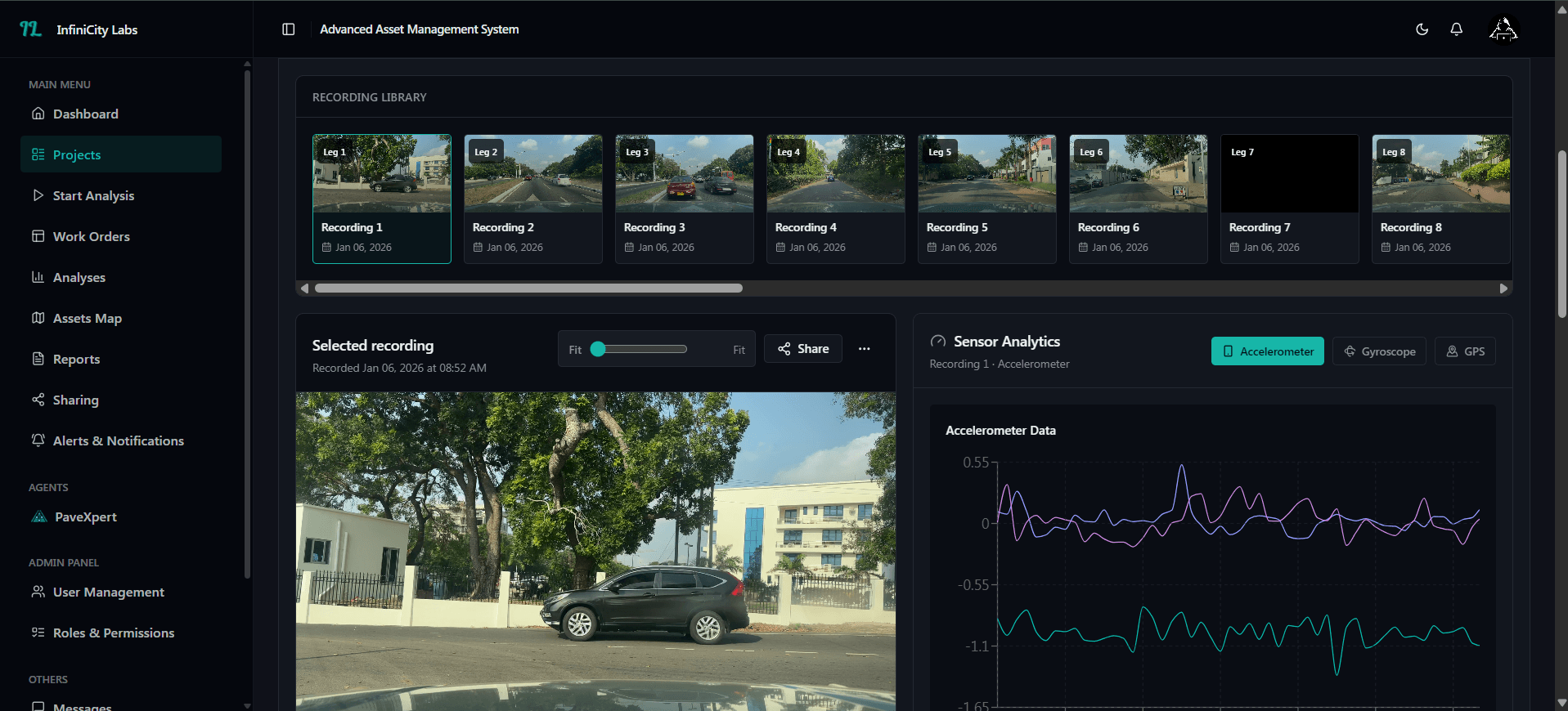 AdAMS recording library with a selected road recording and accelerometer sensor analytics