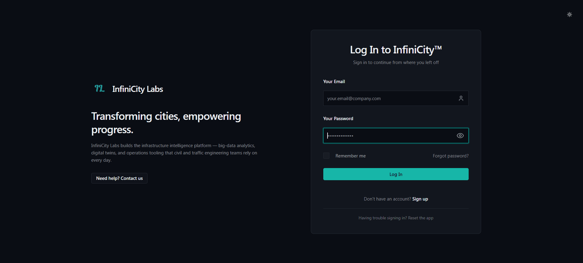 InfiniCity Labs platform sign-in screen