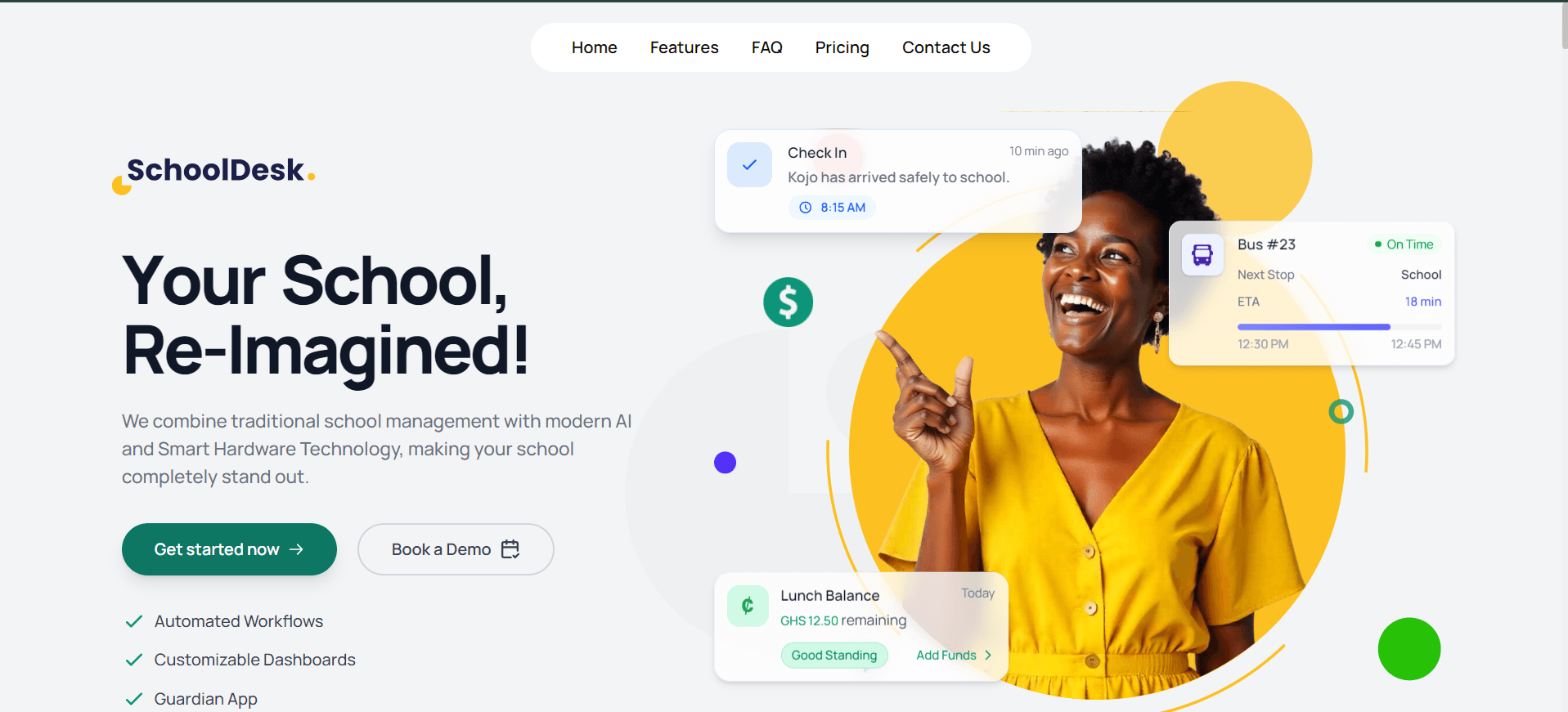 SchoolDesk marketing site showing check-in notifications, bus tracking and lunch balance cards