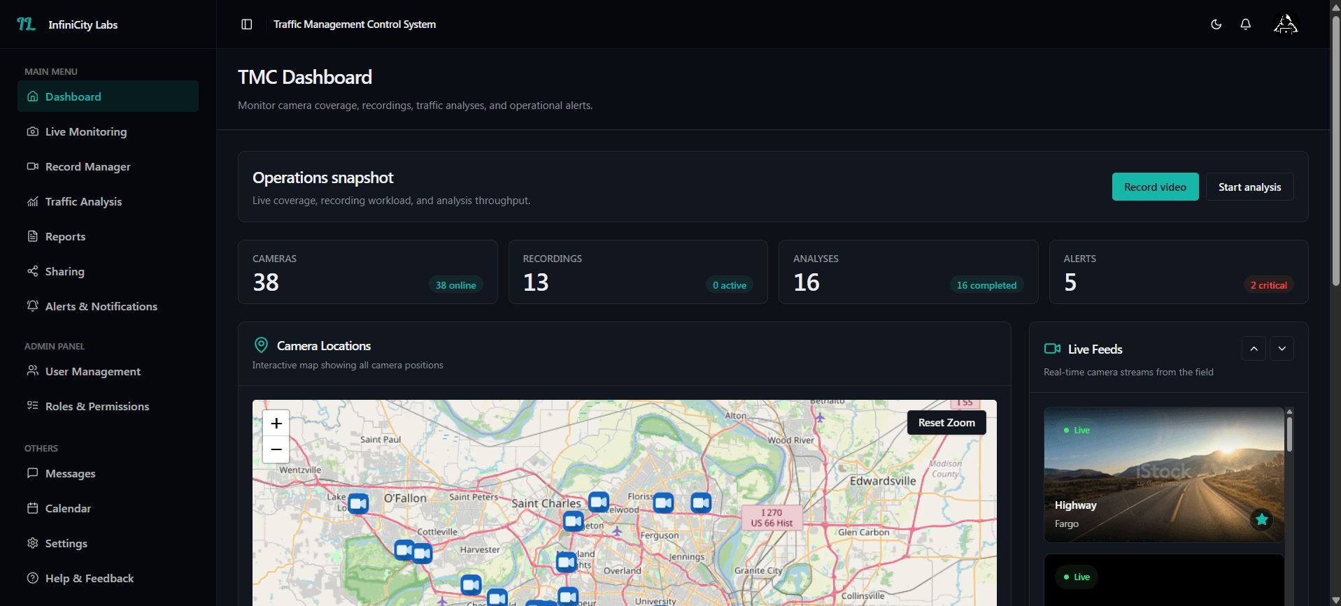 TMC dashboard showing camera coverage counts, an interactive camera location map and live field feeds